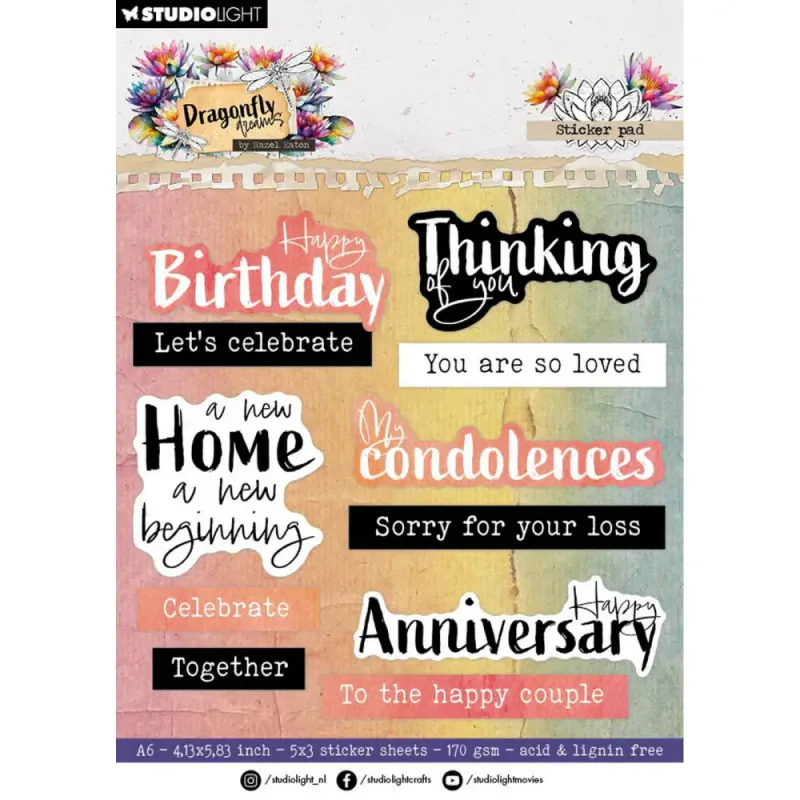 Studio Light – Hazel Eaton Sticker Paper Pad “Sentiments – Dragonfly Dreams” (A6, 20 ark)