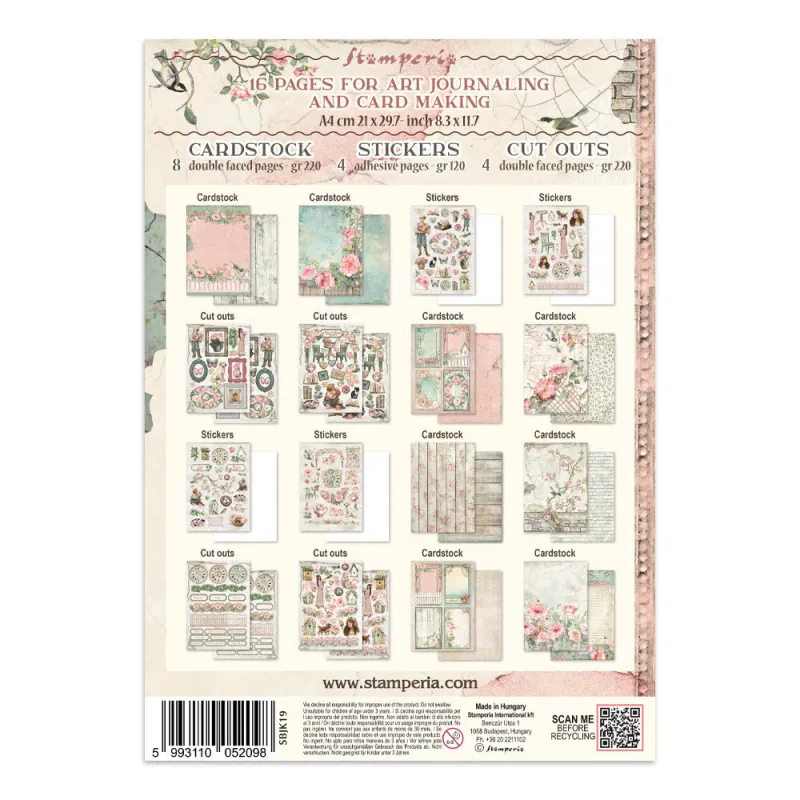 Stamperia – House of Roses Junk Journal Kit – Stickers, Backgrounds & Ephemera (SBJK19) (STR: 21 × 29,7 cm, 16 sider)