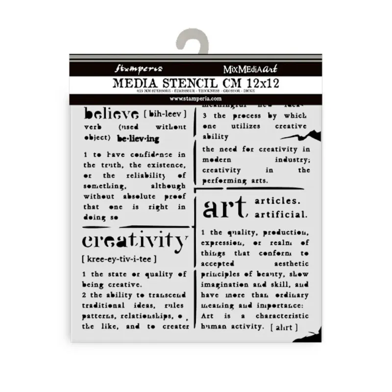 Stamperia – Dictionary Stencil 12x12 cm (Tykk sjablong for mixed media)